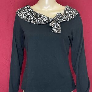 Bonzai Retro Bettie Black Knit Long Sleeve Top with Leopard Shawl Collar Medium